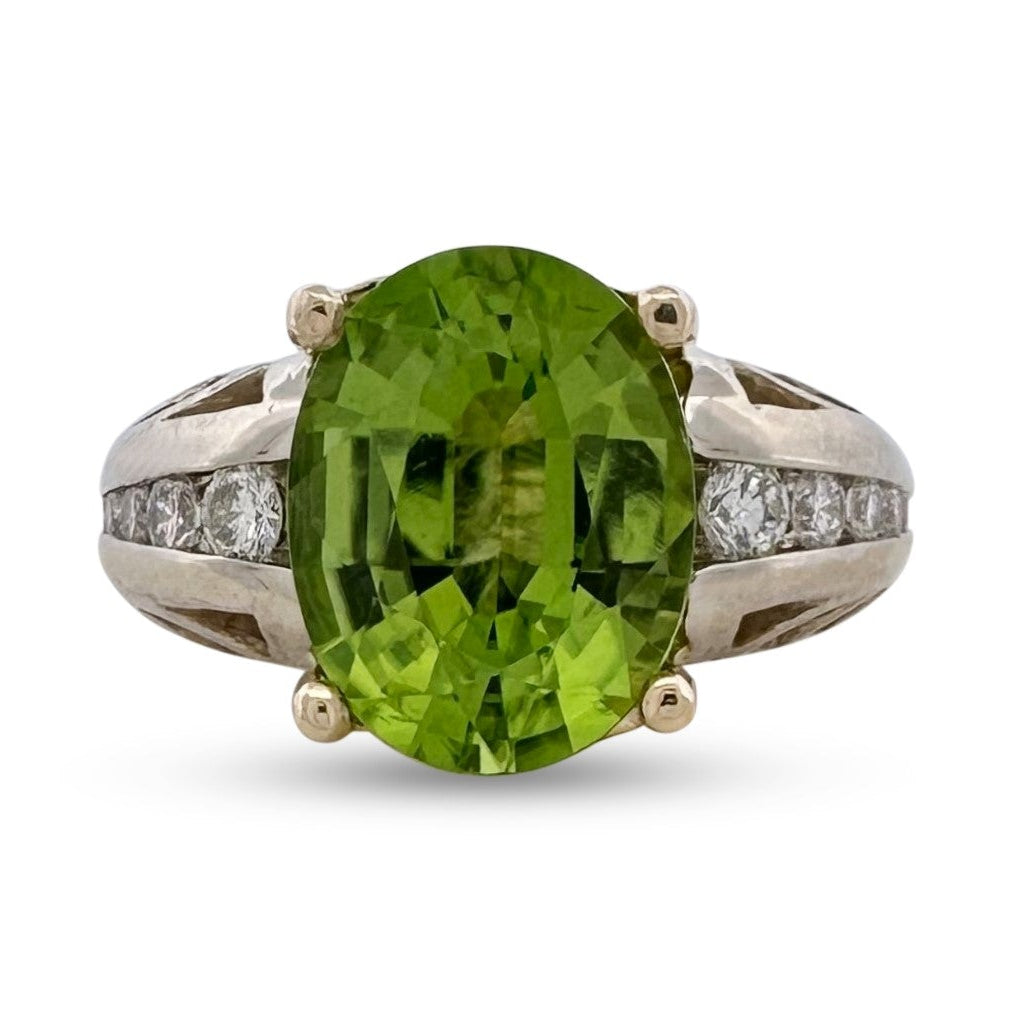 Oval Peridot & Round Brilliant Natural Diamond Cocktail Ring in 14k Two-Tone Gold