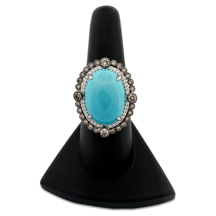 Robin's Egg Blue Turquoise with Chocolate & Vanilla Diamond Halo Cocktail Ring in 18k White Gold by Le Vian