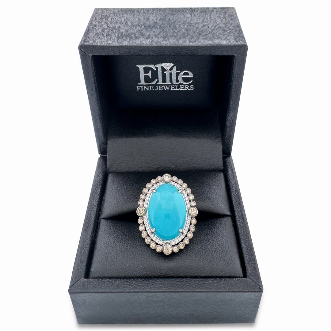 Robin's Egg Blue Turquoise with Chocolate & Vanilla Diamond Halo Cocktail Ring in 18k White Gold by Le Vian