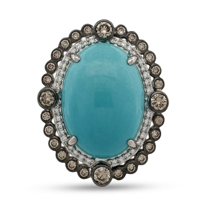 Robin's Egg Blue Turquoise with Chocolate & Vanilla Diamond Halo Cocktail Ring in 18k White Gold by Le Vian