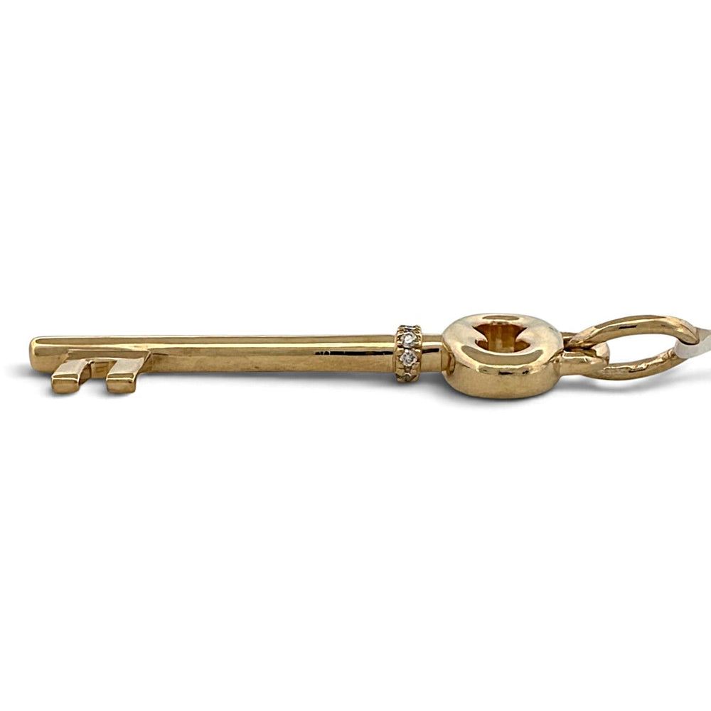 0.08ctw Round Brilliant Natural Diamond Skeleton Key Pendant in 14k Yellow Gold