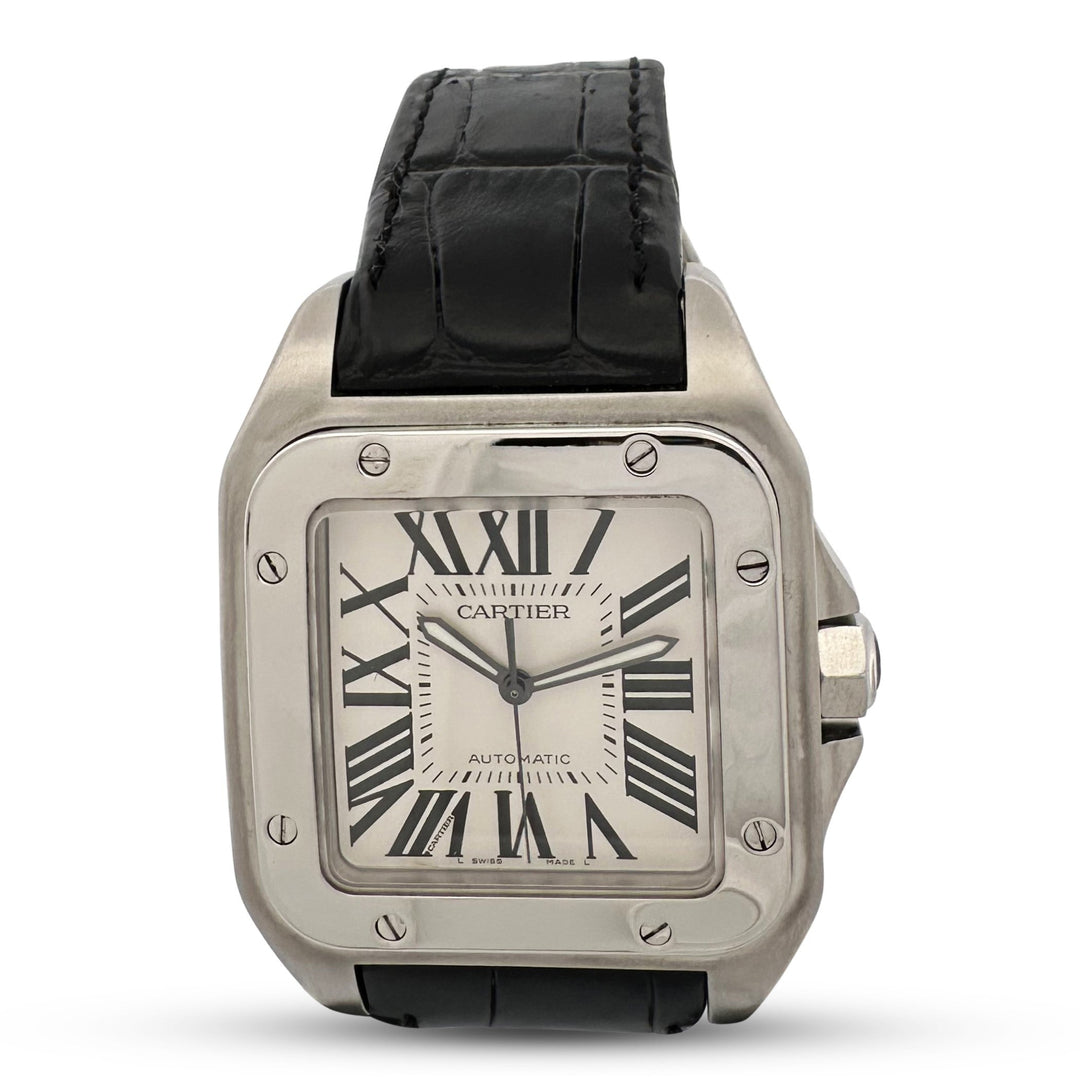 Cartier Santos 100 Extra Large Stainless Steel & Leather Strap Watch