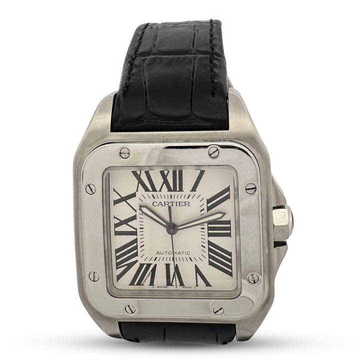 Cartier Santos 100 Extra Large Stainless Steel & Leather Strap Watch