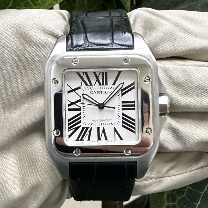 Cartier Santos 100 Extra Large Stainless Steel & Leather Strap Watch