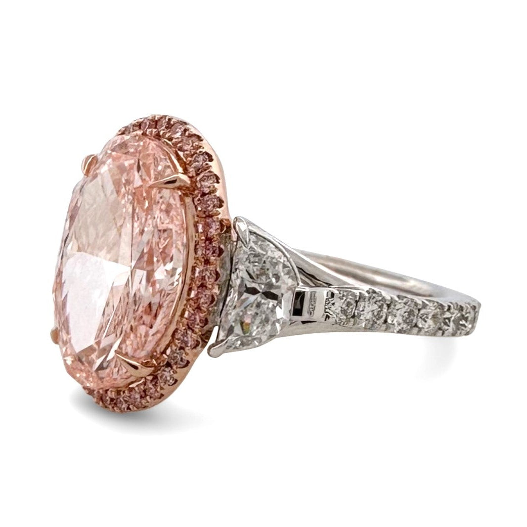 IGI Graded 4.33ct Oval Fancy Vivid Pink Lab-Grown Diamond Engagement Ring in 14k White & Rose Gold