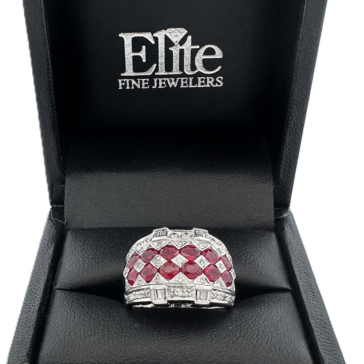 Oval Ruby with Single & Baguette Cut Natural Diamond Cocktail Ring in 14k White Gold