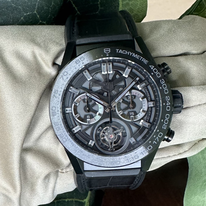 TAG Heuer Carrera Tourbillon 45mm Titanium & Ceramic Leather Strap Watch with Box and Papers