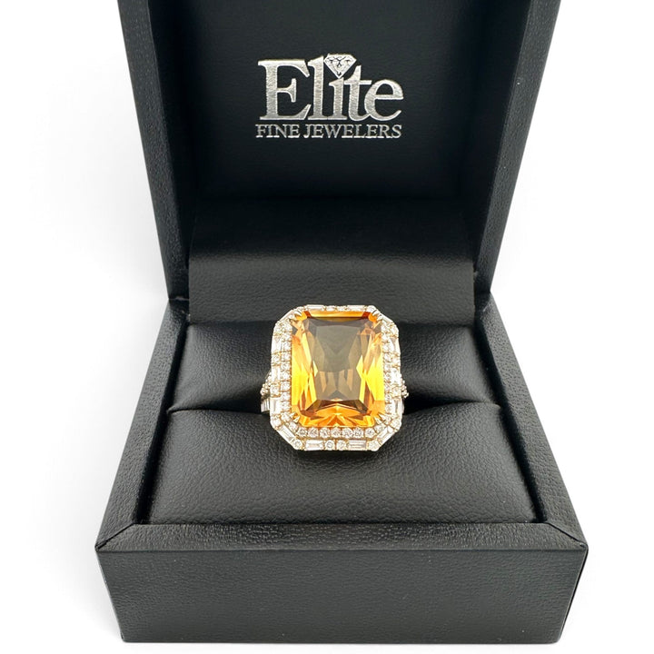Radiant Cut Citrine with Round and Baguette Natural Diamond Double Halo Cocktail Ring in 14k Yellow Gold by Effy