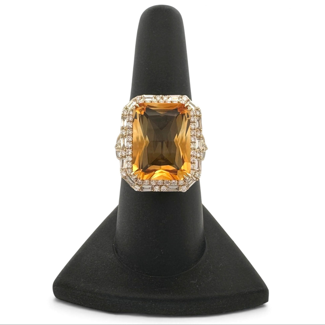 Radiant Cut Citrine with Round and Baguette Natural Diamond Double Halo Cocktail Ring in 14k Yellow Gold by Effy