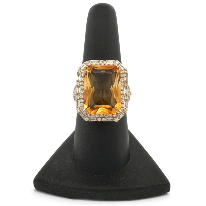 Radiant Cut Citrine with Round and Baguette Natural Diamond Double Halo Cocktail Ring in 14k Yellow Gold by Effy