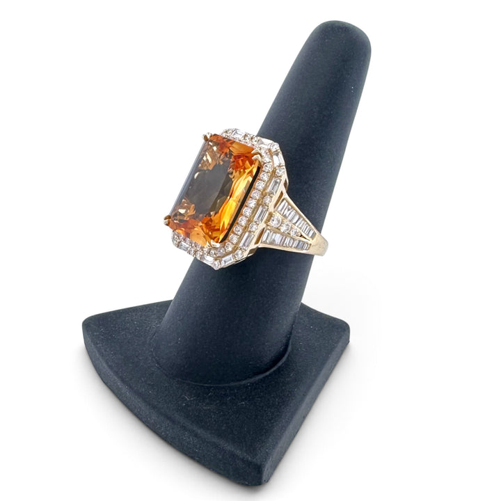 Radiant Cut Citrine with Round and Baguette Natural Diamond Double Halo Cocktail Ring in 14k Yellow Gold by Effy