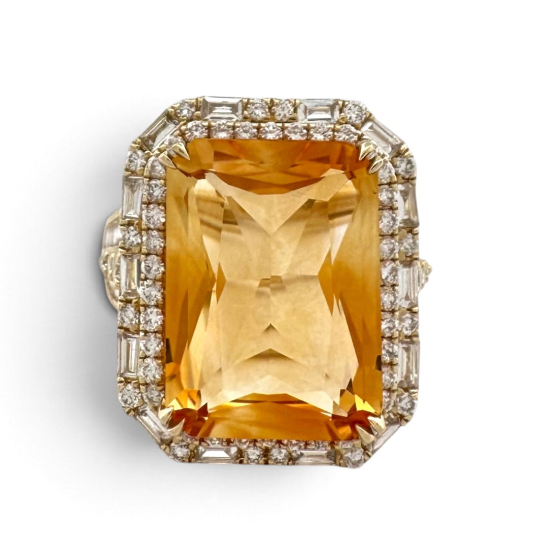 Radiant Cut Citrine with Round and Baguette Natural Diamond Double Halo Cocktail Ring in 14k Yellow Gold by Effy