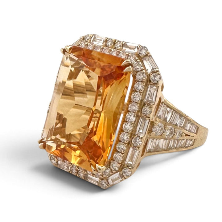 Radiant Cut Citrine with Round and Baguette Natural Diamond Double Halo Cocktail Ring in 14k Yellow Gold by Effy