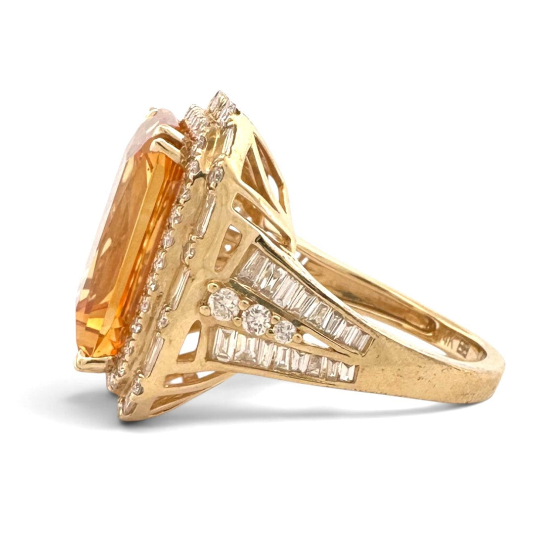 Radiant Cut Citrine with Round and Baguette Natural Diamond Double Halo Cocktail Ring in 14k Yellow Gold by Effy