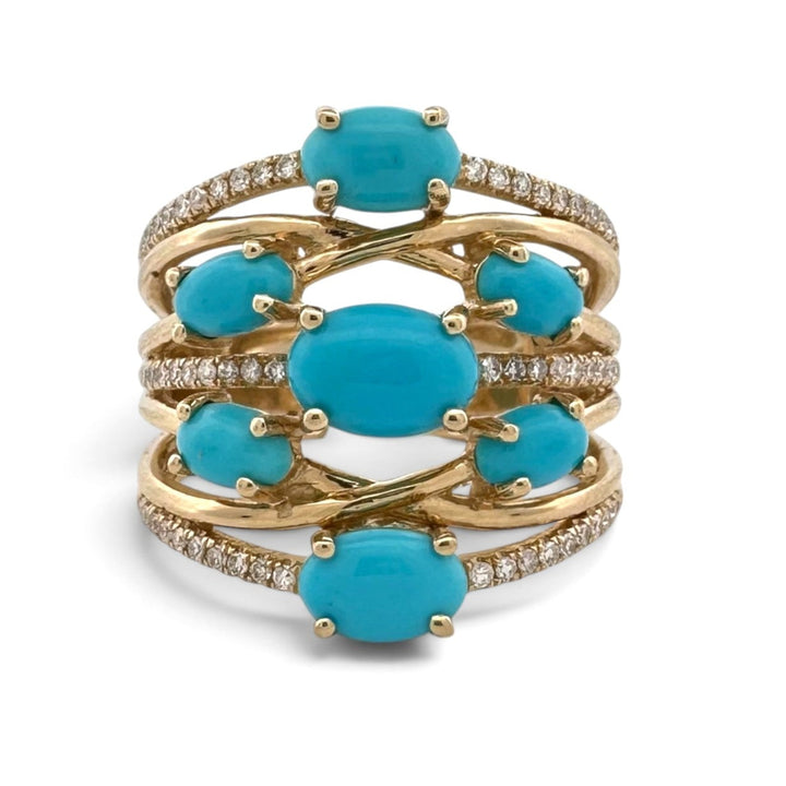 Oval Turquoise Cabochon & Round Brilliant Natural Diamond Cocktail Ring in 14k Yellow Gold by EFFY