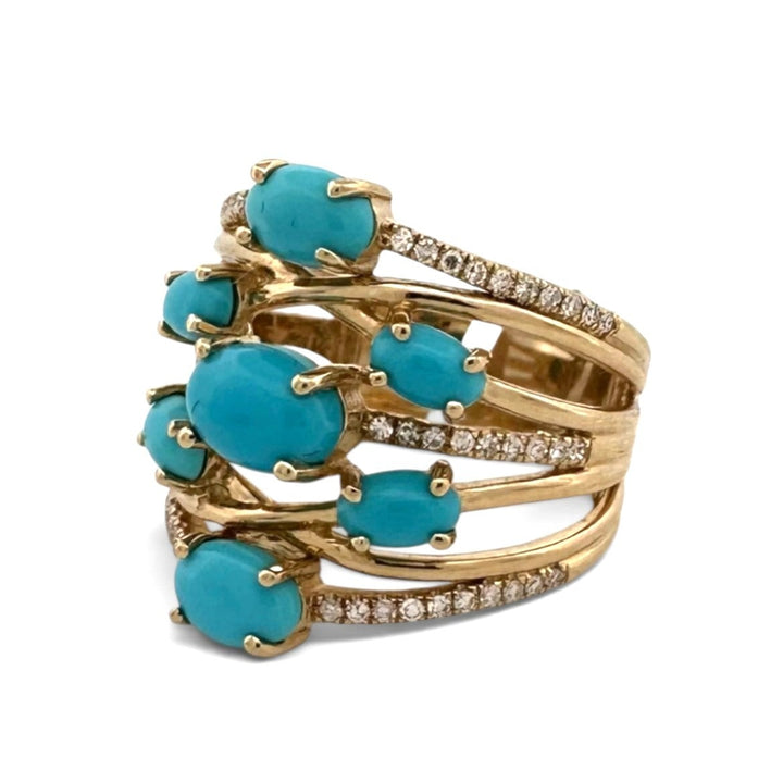 Oval Turquoise Cabochon & Round Brilliant Natural Diamond Cocktail Ring in 14k Yellow Gold by EFFY