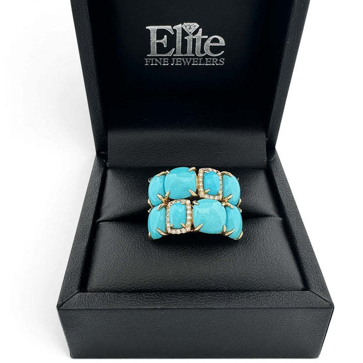 Cushion Cut Turquoise & Natural Diamond Cobblestone Cocktail Ring in 14k Yellow Gold by Effy