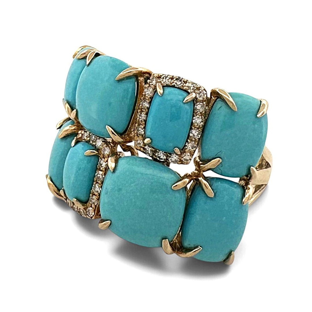 Cushion Cut Turquoise & Natural Diamond Cobblestone Cocktail Ring in 14k Yellow Gold by Effy