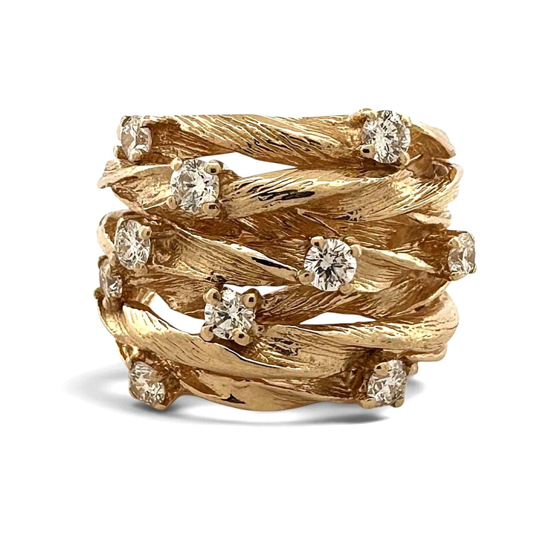 0.80ctw Round Brilliant Natural Diamond Multi-Row Crossover Cocktail Ring in 14k Yellow Gold