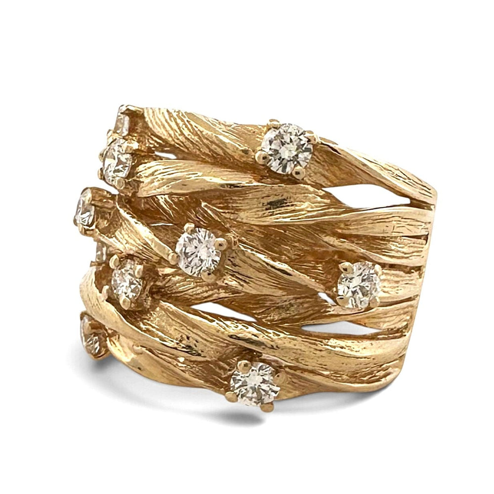 0.80ctw Round Brilliant Natural Diamond Multi-Row Crossover Cocktail Ring in 14k Yellow Gold