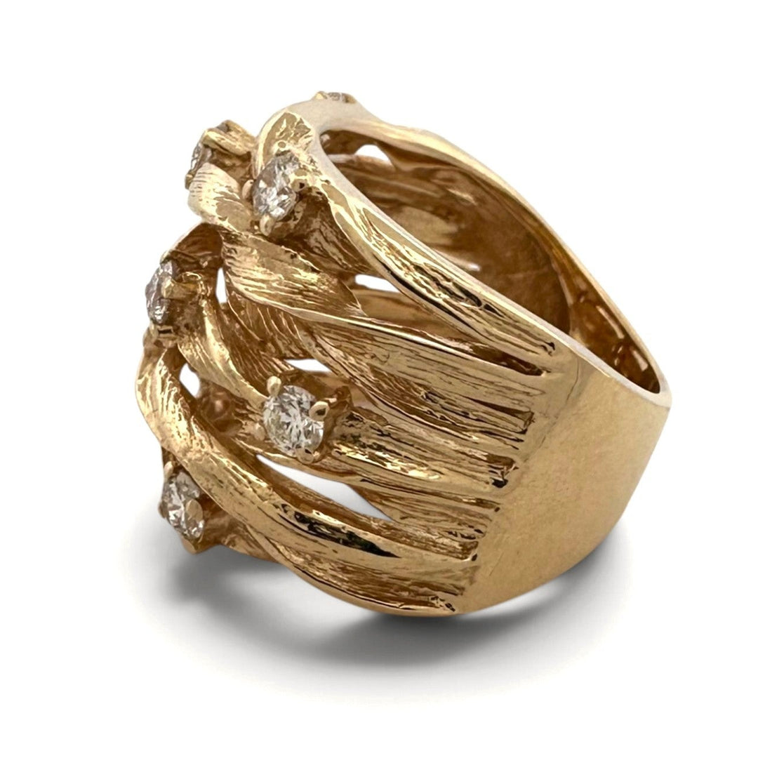 0.80ctw Round Brilliant Natural Diamond Multi-Row Crossover Cocktail Ring in 14k Yellow Gold