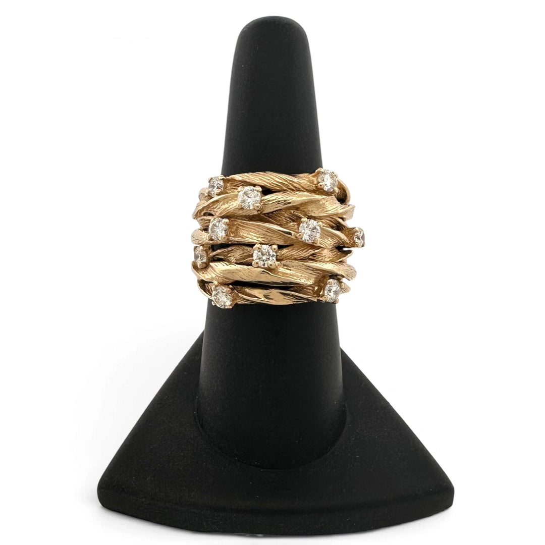 0.80ctw Round Brilliant Natural Diamond Multi-Row Crossover Cocktail Ring in 14k Yellow Gold