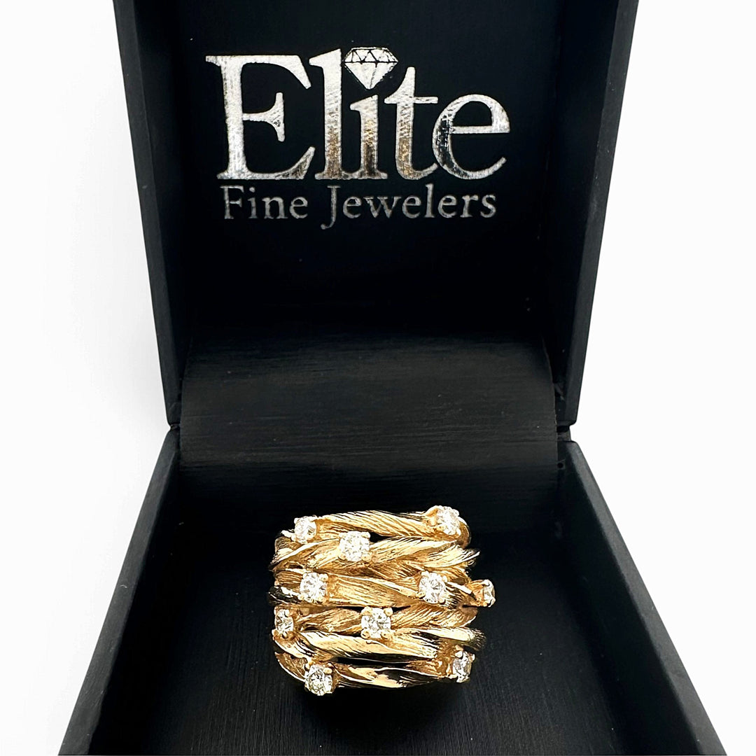 0.80ctw Round Brilliant Natural Diamond Multi-Row Crossover Cocktail Ring in 14k Yellow Gold
