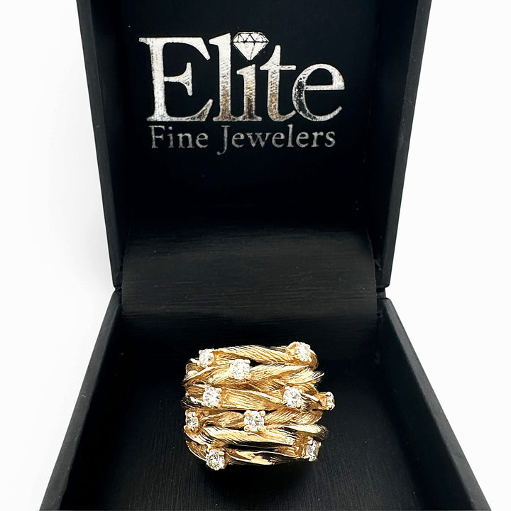 0.80ctw Round Brilliant Natural Diamond Multi-Row Crossover Cocktail Ring in 14k Yellow Gold