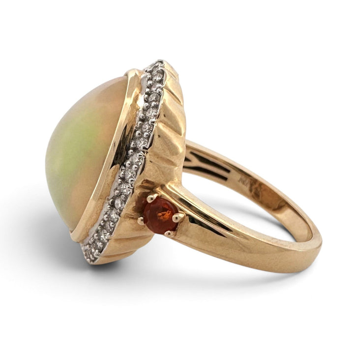 Oval Opal with Natural Diamond Halo and Fire Opal Cocktail Ring in 14k Yellow Gold