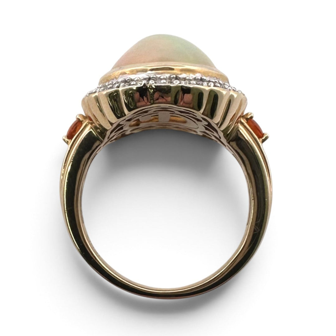 Oval Opal with Natural Diamond Halo and Fire Opal Cocktail Ring in 14k Yellow Gold