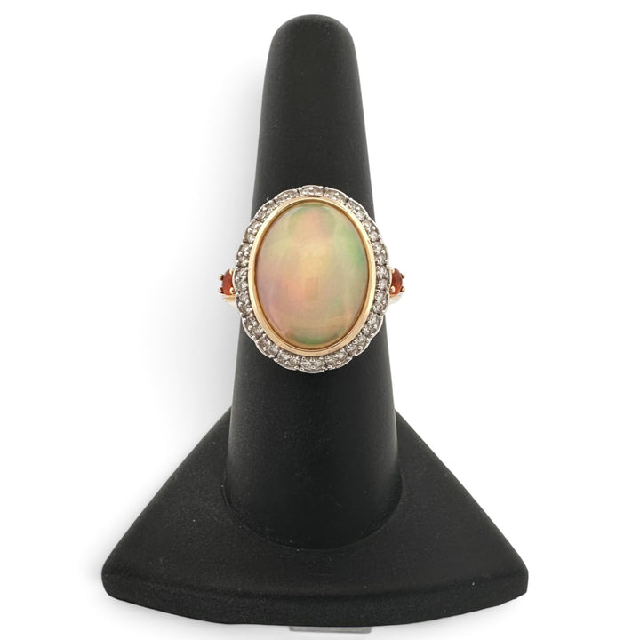 Oval Opal with Natural Diamond Halo and Fire Opal Cocktail Ring in 14k Yellow Gold