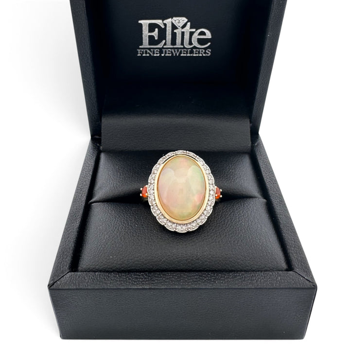 Oval Opal with Natural Diamond Halo and Fire Opal Cocktail Ring in 14k Yellow Gold