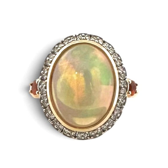 Oval Opal with Natural Diamond Halo and Fire Opal Cocktail Ring in 14k Yellow Gold