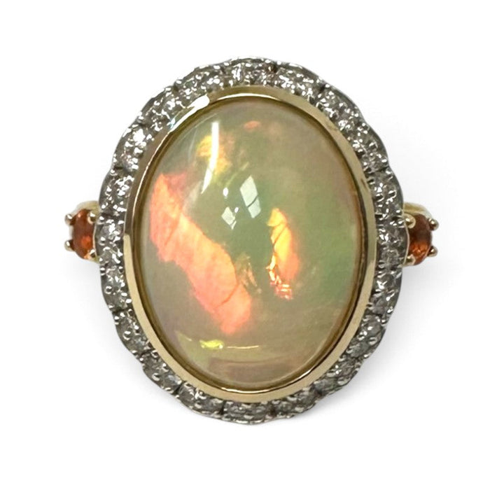 Oval Opal with Natural Diamond Halo and Fire Opal Cocktail Ring in 14k Yellow Gold