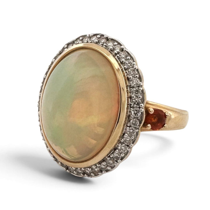 Oval Opal with Natural Diamond Halo and Fire Opal Cocktail Ring in 14k Yellow Gold