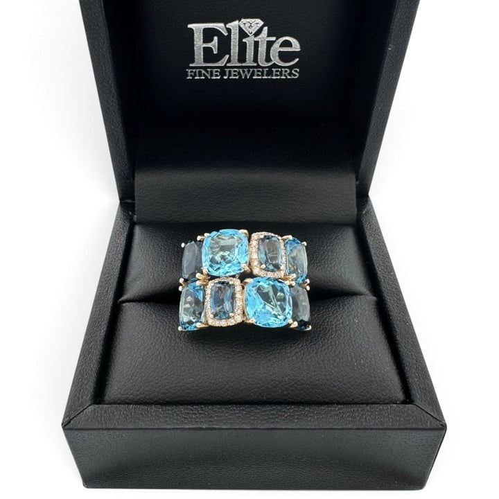 Cushion Cut Blue Topaz & Natural Diamond Cobblestone Cocktail Ring in 14k Yellow Gold by Effy