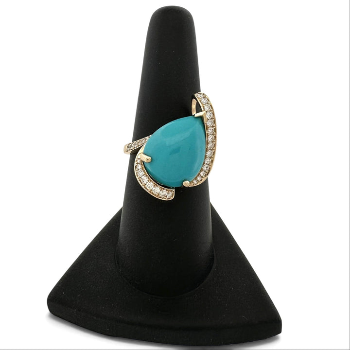 Pear Turquoise Cabochon & Round Brilliant Natural Diamond Asymmetrical Cocktail Ring in 14k Yellow Gold by Effy