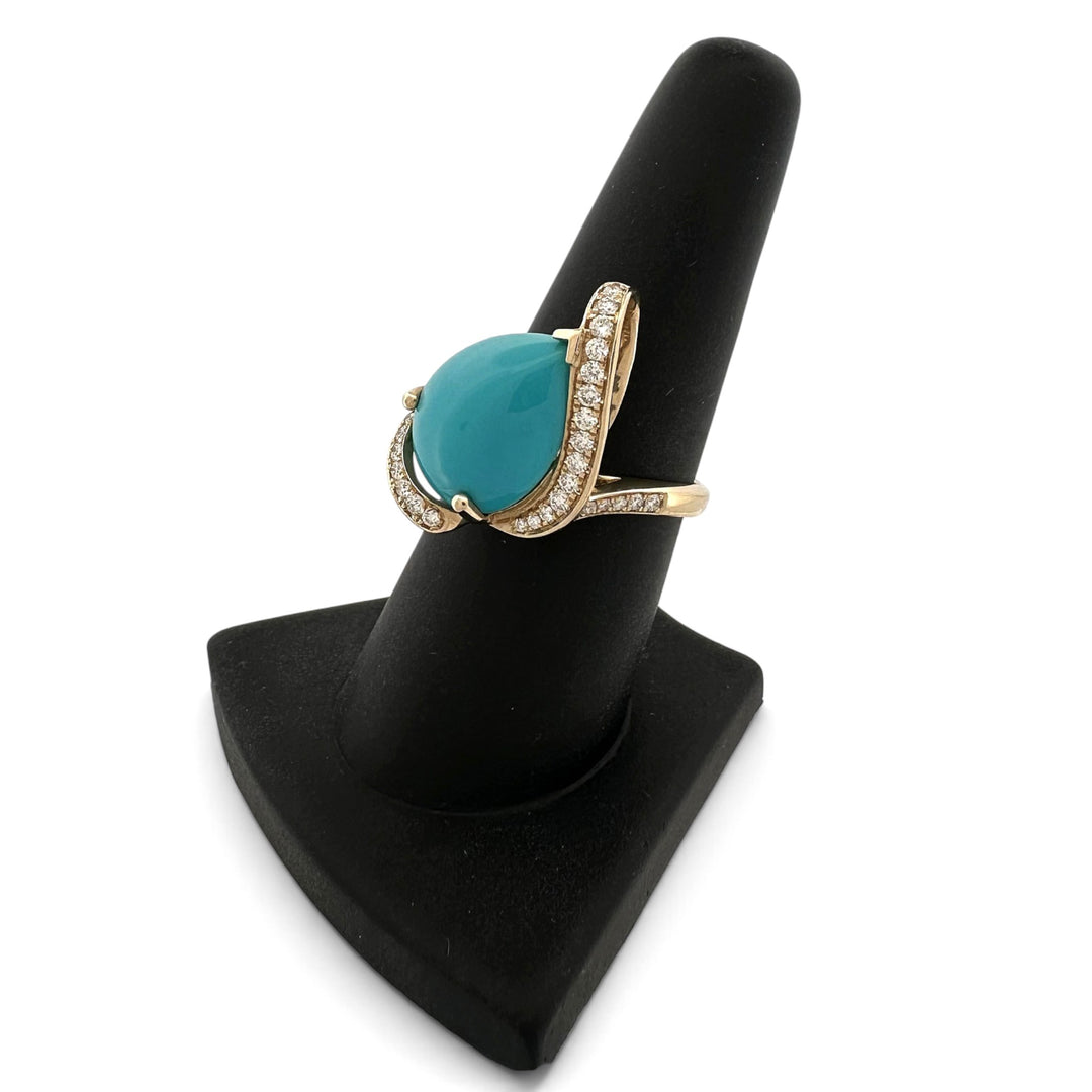 Pear Turquoise Cabochon & Round Brilliant Natural Diamond Asymmetrical Cocktail Ring in 14k Yellow Gold by Effy