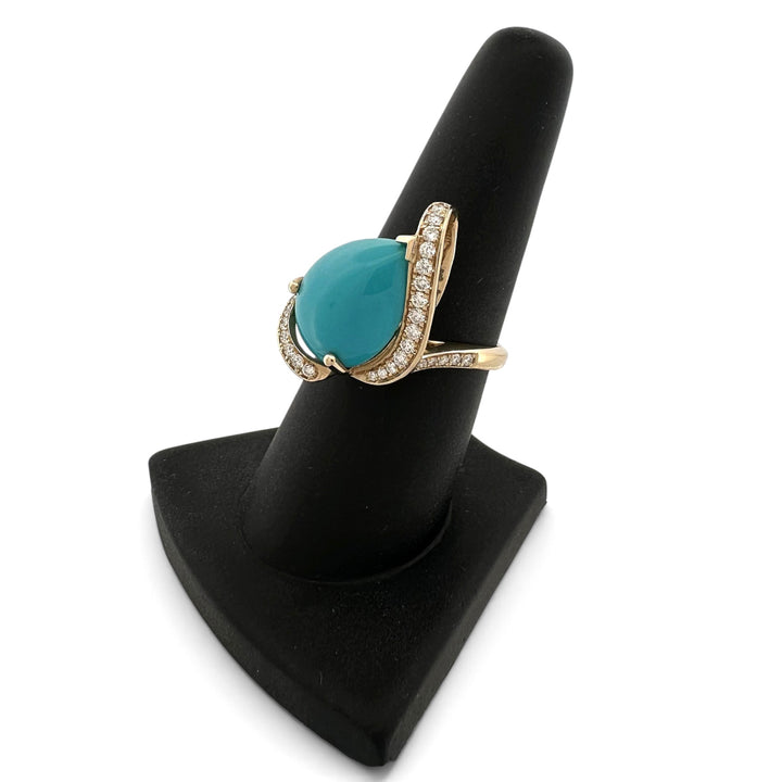 Pear Turquoise Cabochon & Round Brilliant Natural Diamond Asymmetrical Cocktail Ring in 14k Yellow Gold by Effy