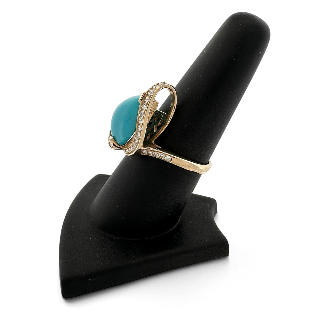 Pear Turquoise Cabochon & Round Brilliant Natural Diamond Asymmetrical Cocktail Ring in 14k Yellow Gold by Effy