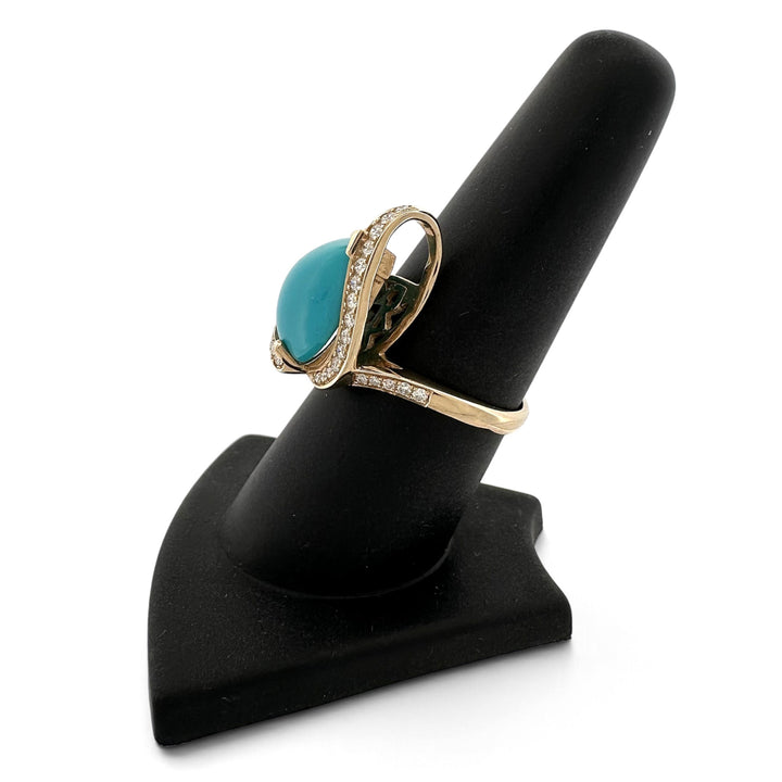 Pear Turquoise Cabochon & Round Brilliant Natural Diamond Asymmetrical Cocktail Ring in 14k Yellow Gold by Effy