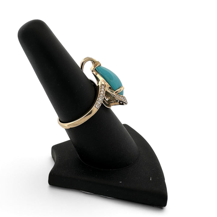 Pear Turquoise Cabochon & Round Brilliant Natural Diamond Asymmetrical Cocktail Ring in 14k Yellow Gold by Effy