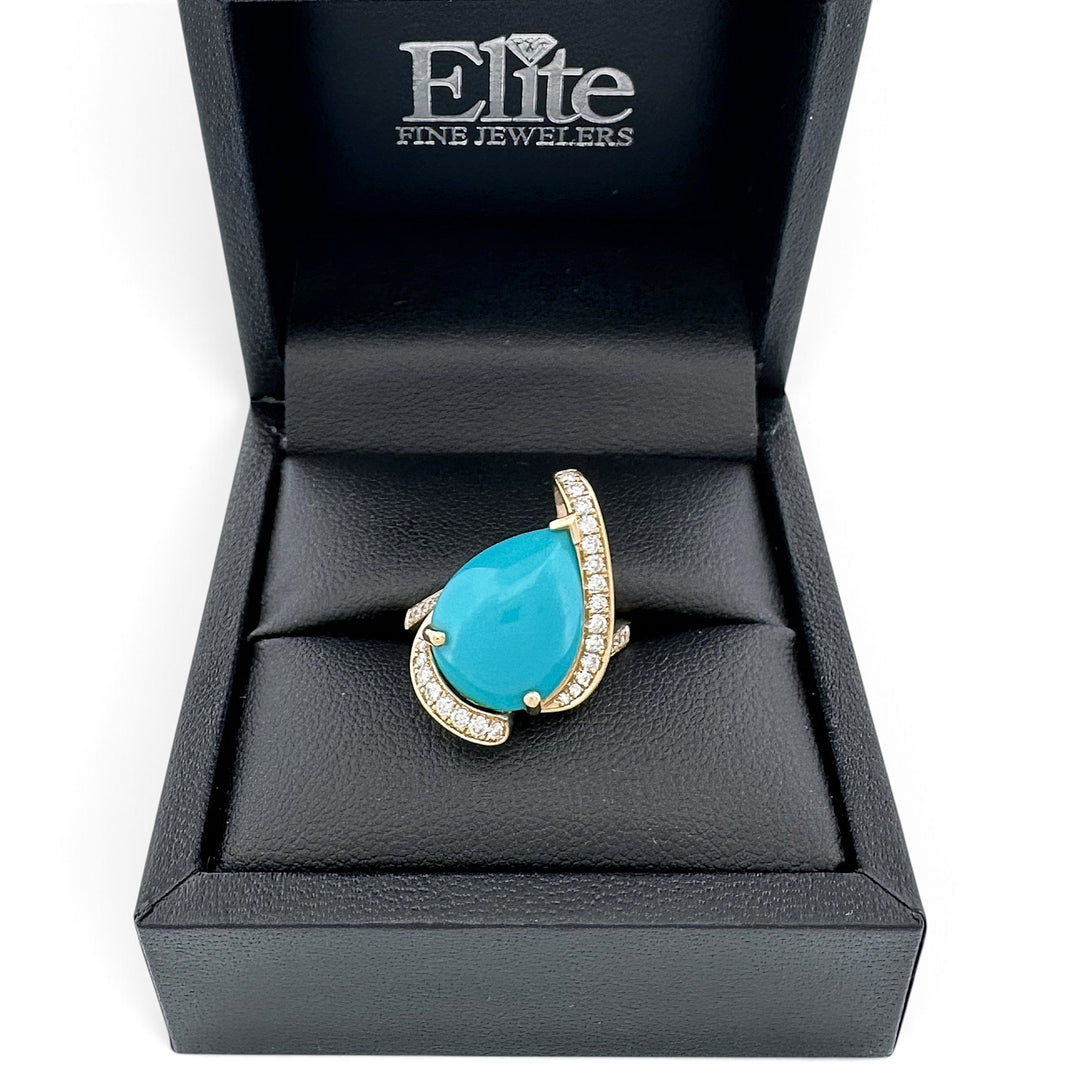 Pear Turquoise Cabochon & Round Brilliant Natural Diamond Asymmetrical Cocktail Ring in 14k Yellow Gold by Effy