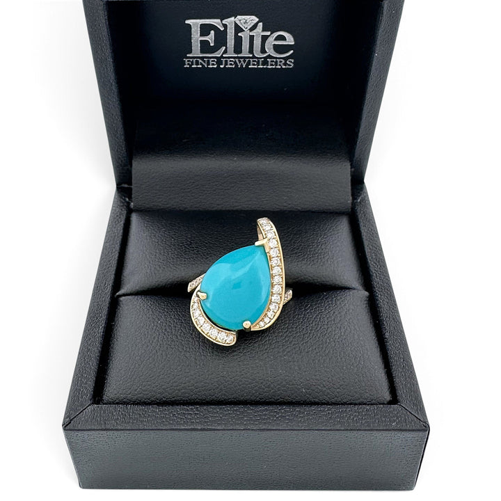 Pear Turquoise Cabochon & Round Brilliant Natural Diamond Asymmetrical Cocktail Ring in 14k Yellow Gold by Effy