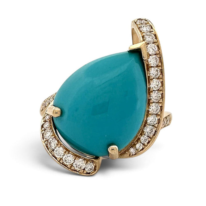Pear Turquoise Cabochon & Round Brilliant Natural Diamond Asymmetrical Cocktail Ring in 14k Yellow Gold by Effy
