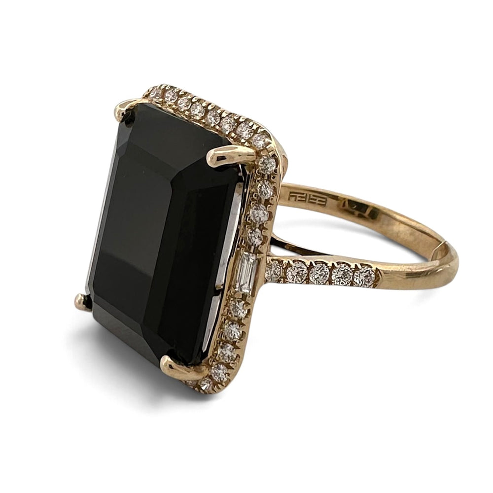 Emerald Cut Black Onyx with Natural Diamond Halo Cocktail Ring in 14k Yellow Gold by Effy
