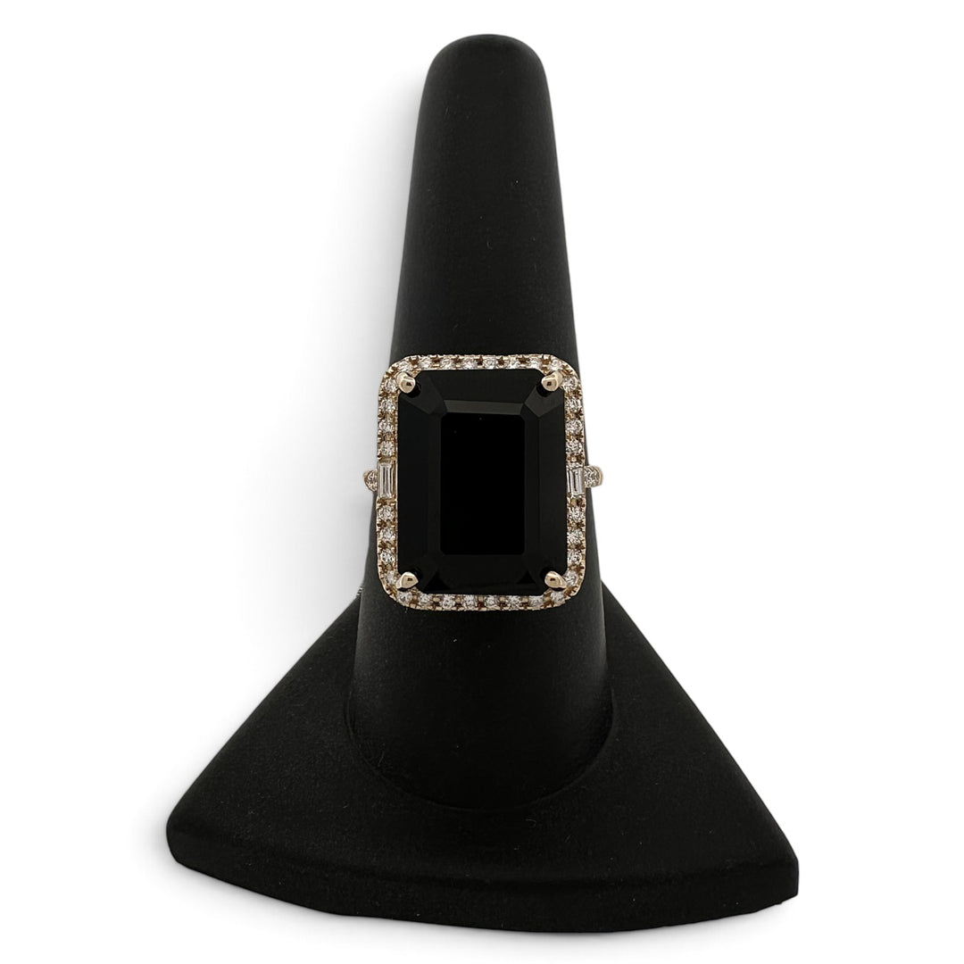 Emerald Cut Black Onyx with Natural Diamond Halo Cocktail Ring in 14k Yellow Gold by Effy