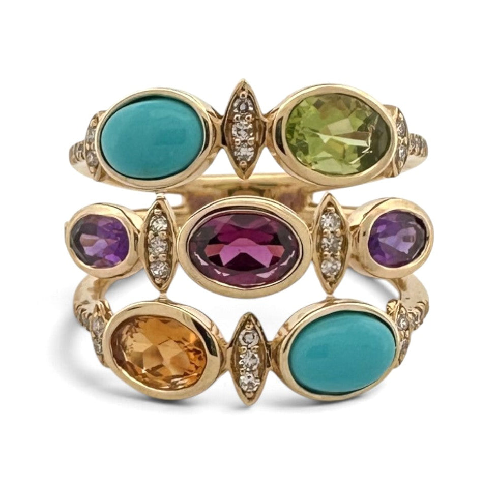 Oval Multi-Gemstone & Natural Diamond 3-Row Cocktail Ring in 14k Yellow Gold by Effy