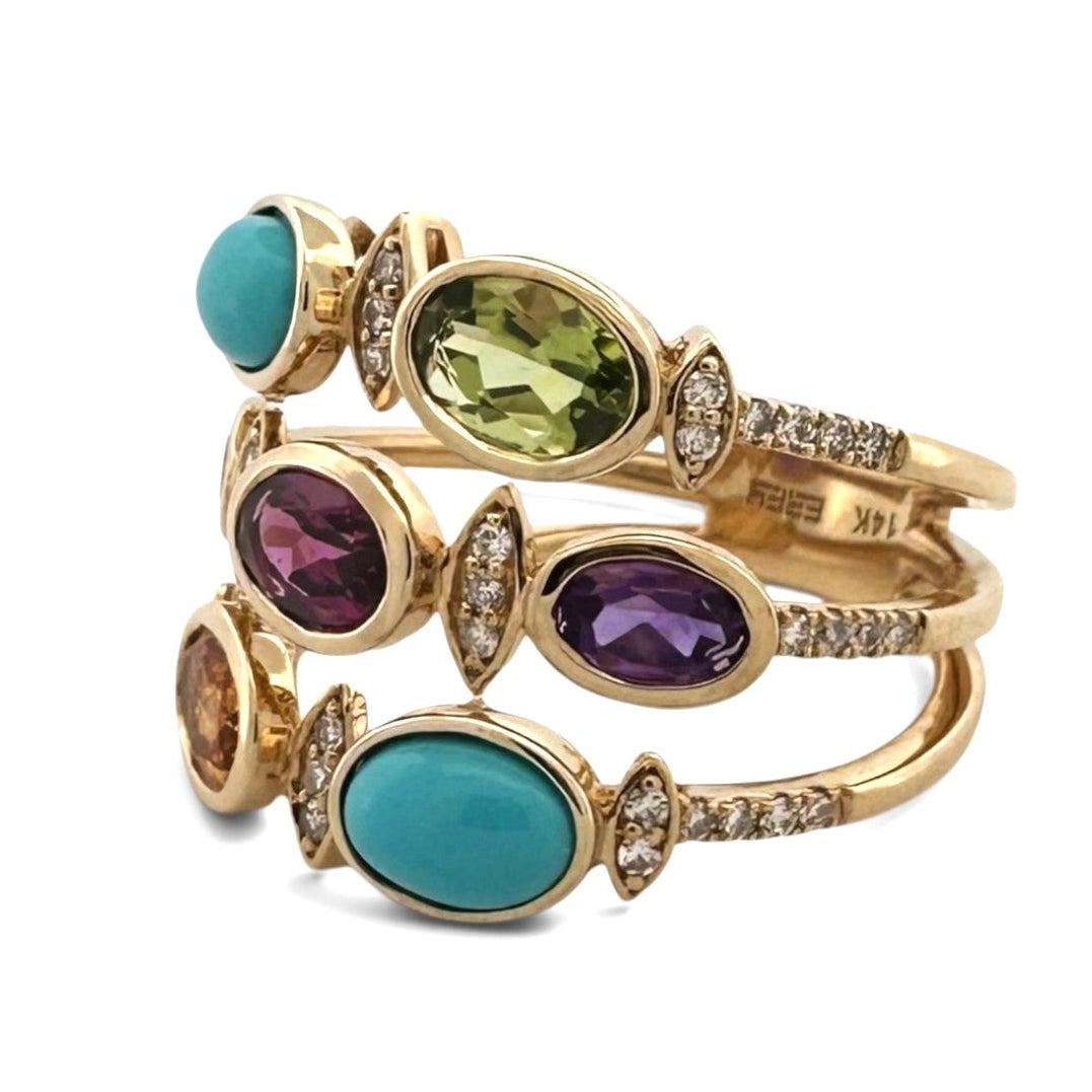 Oval Multi-Gemstone & Natural Diamond 3-Row Cocktail Ring in 14k Yellow Gold by Effy
