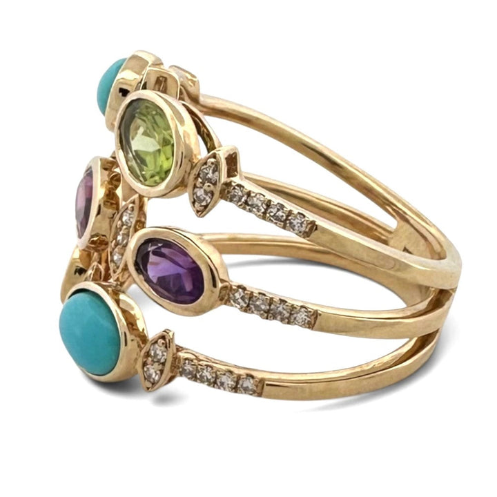 Oval Multi-Gemstone & Natural Diamond 3-Row Cocktail Ring in 14k Yellow Gold by Effy